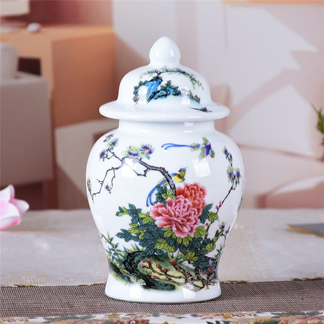 Ceramic  Bird And Flowers Ginger Jar